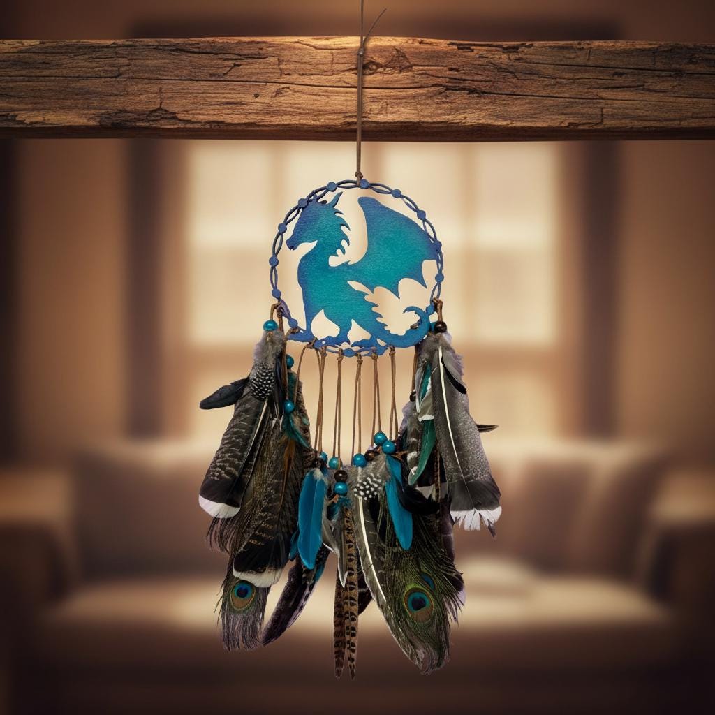 Dream Catcher Hanging with Feathers – Handmade Dragon Gift for Bedroom or Wall Handmade Wood Decor