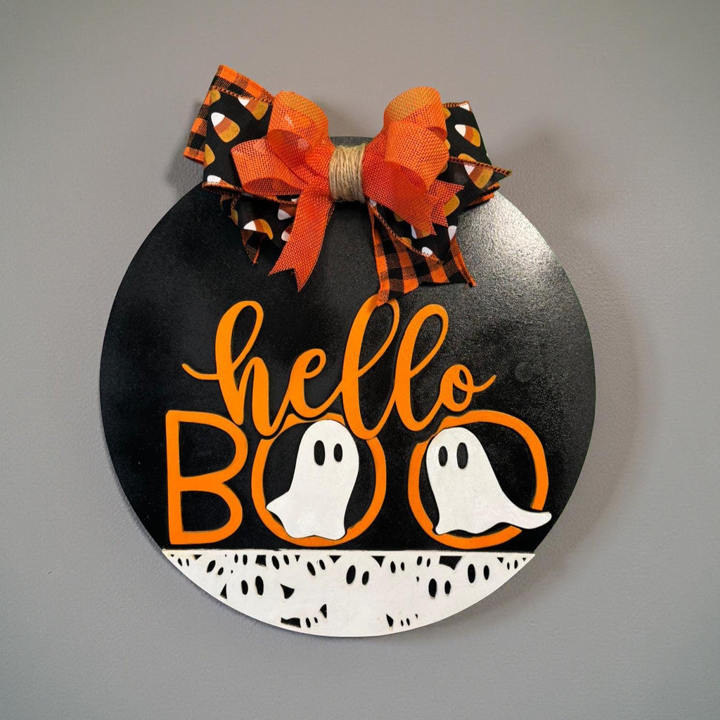 Ghost Halloween Sign: Layered Wood Door Hanger with Bow Seasonal Door Hanger