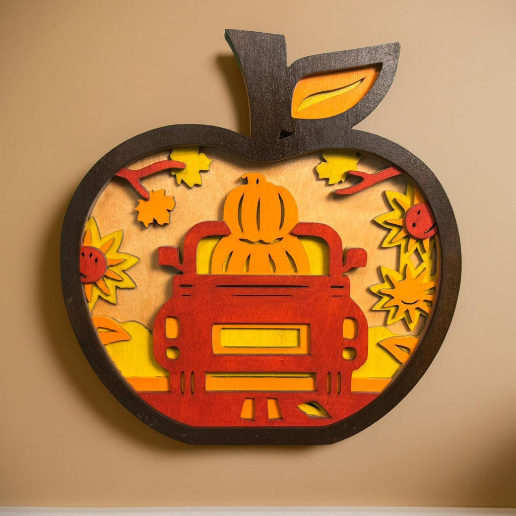 Layered Wooden Apple Truck Sign – Rustic Farmhouse Fall Decor Handmade Seasonal Decor