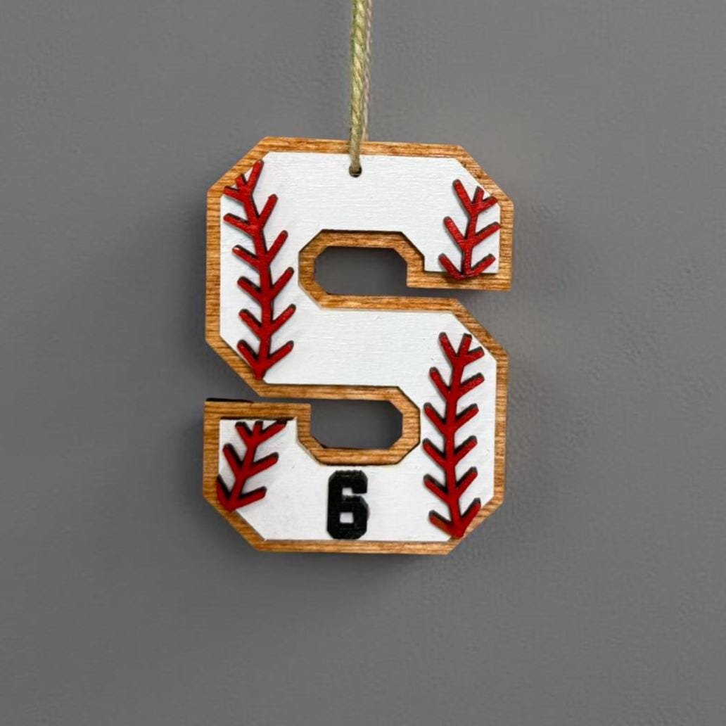 Personalized Baseball Ornament – Custom Letter & Jersey Number – 4” Multi-Layered Wood Sports Christmas Decoration – Player or Coach Gift Handmade Seasonal Decor