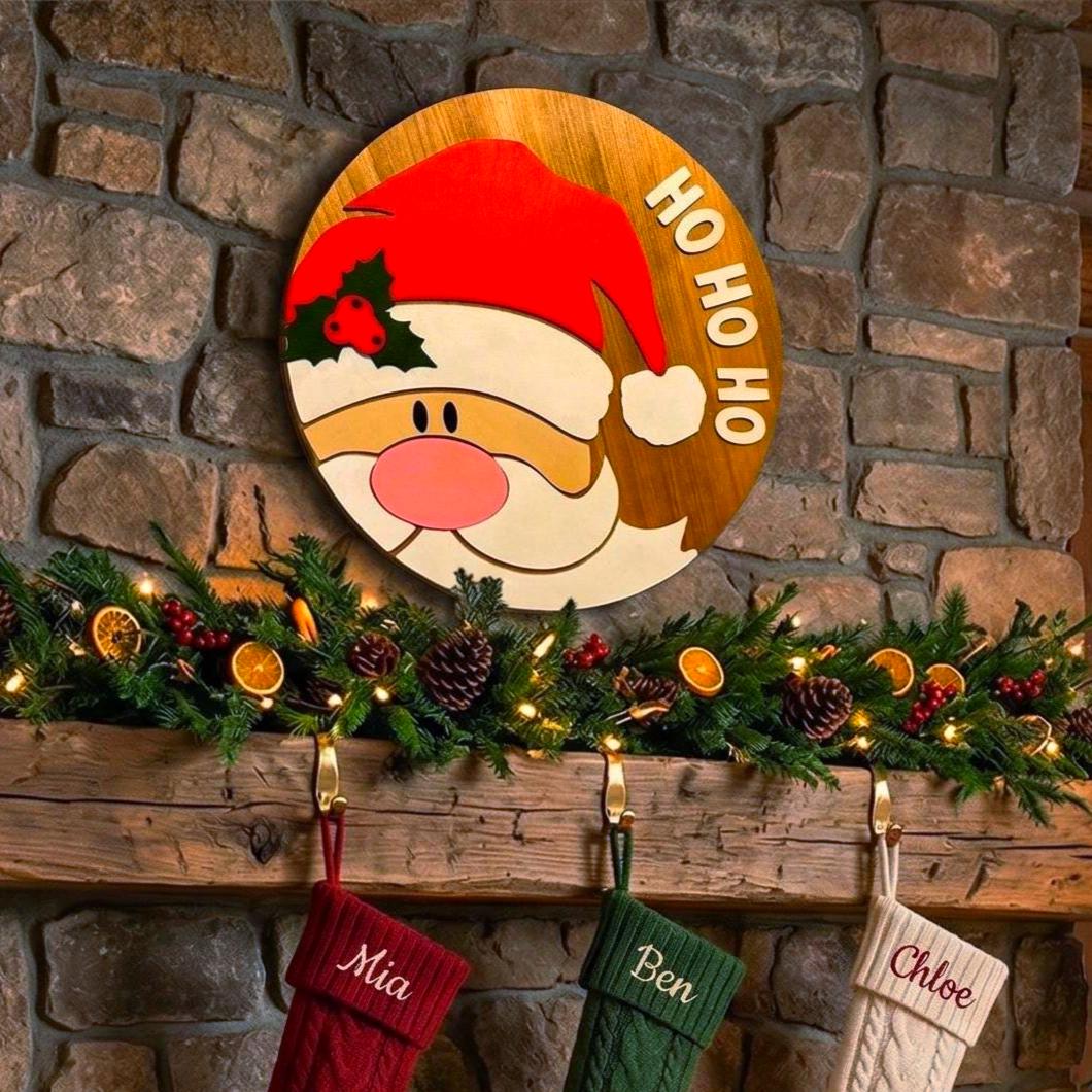 3D Layered Wood Santa Claus Sign - Large "Ho Ho Ho" Christmas Wall Decor Seasonal Door Hanger