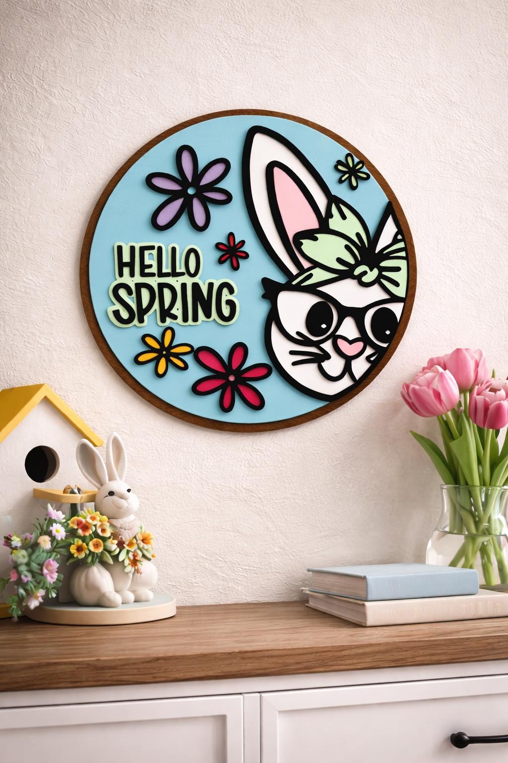 Hello Spring Bunny Sign | Layered Wooden Door Hanger for Spring