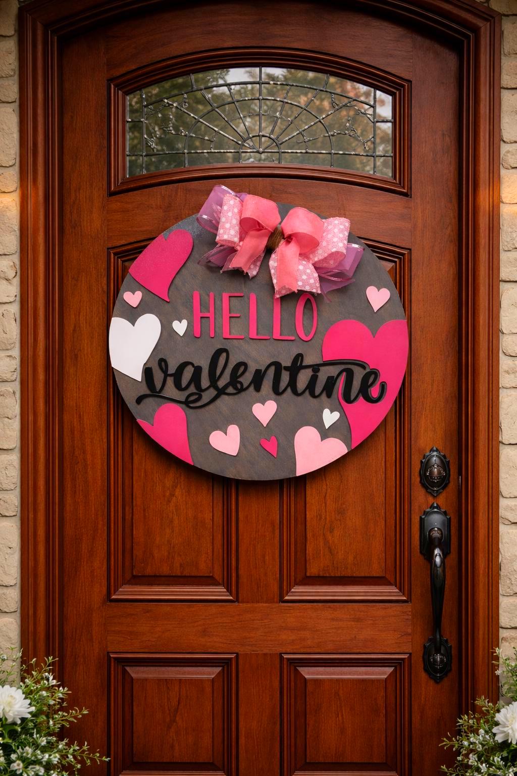Hello Valentine Wooden Door Hanger | Heart Decor | Layered Wood Round Sign with Bow Seasonal Door Hanger