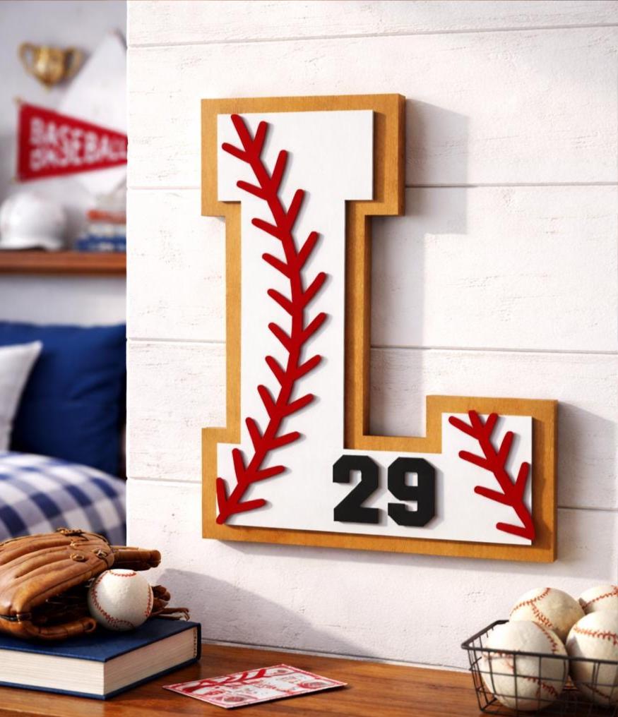 Personalized Baseball Letter Sign with Custom Number • Wooden Sports Wall Hanging • Baseball Room Decor