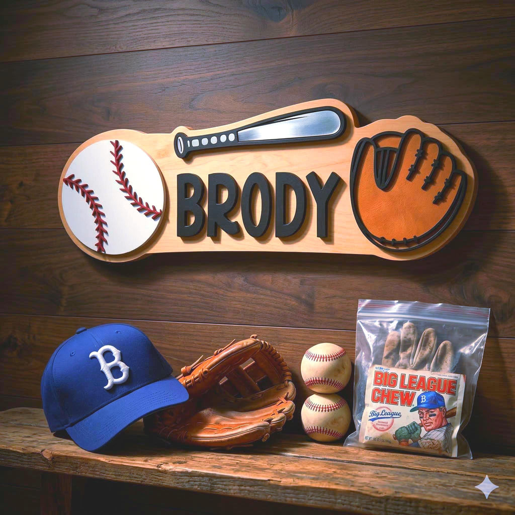 Personalized Baseball Name Sign – Custom Bat, Ball & Glove Cutouts – Layered Wood Sports Decor Custom Baseball Decor