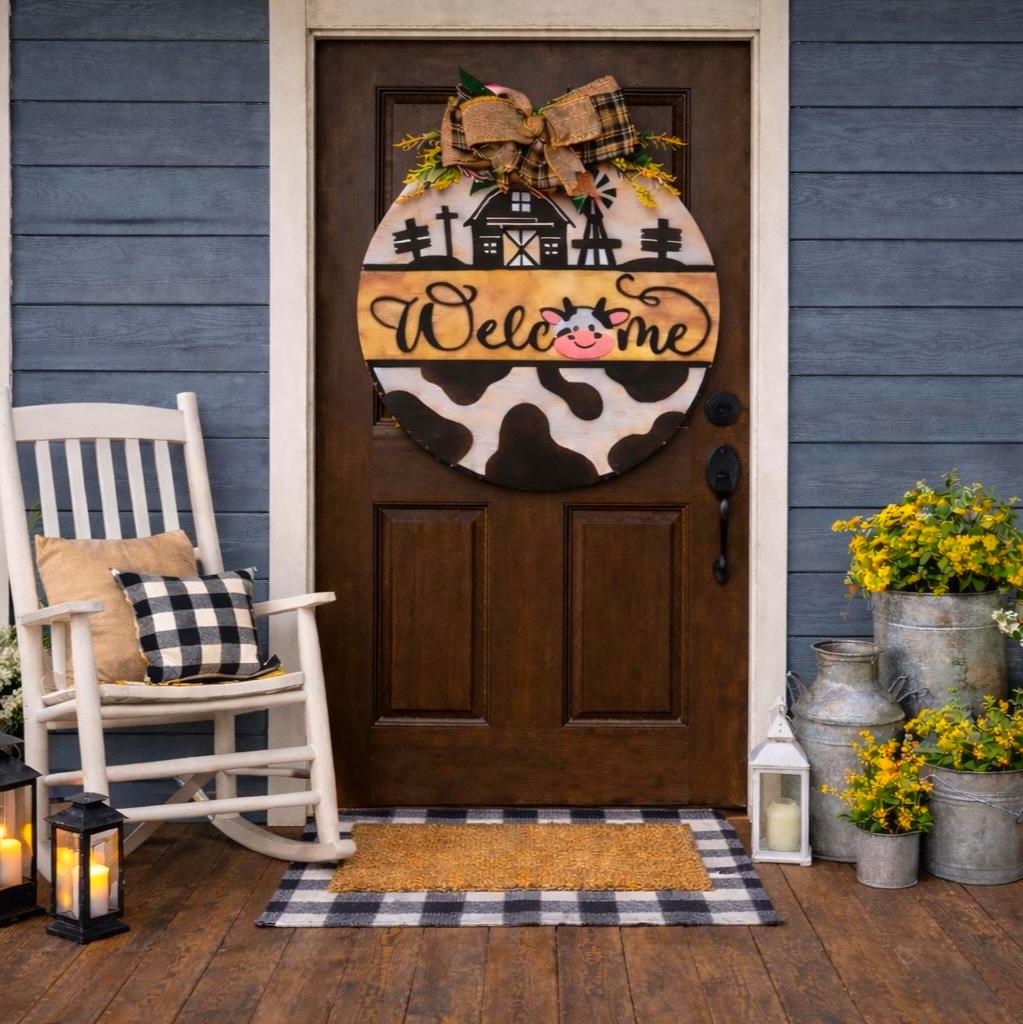 Farmhouse Cow Welcome Sign – Round Wooden Door Hanger with Bow – Country Porch Decor