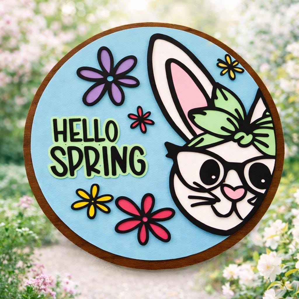 Hello Spring Bunny Sign | Layered Wooden Door Hanger for Spring