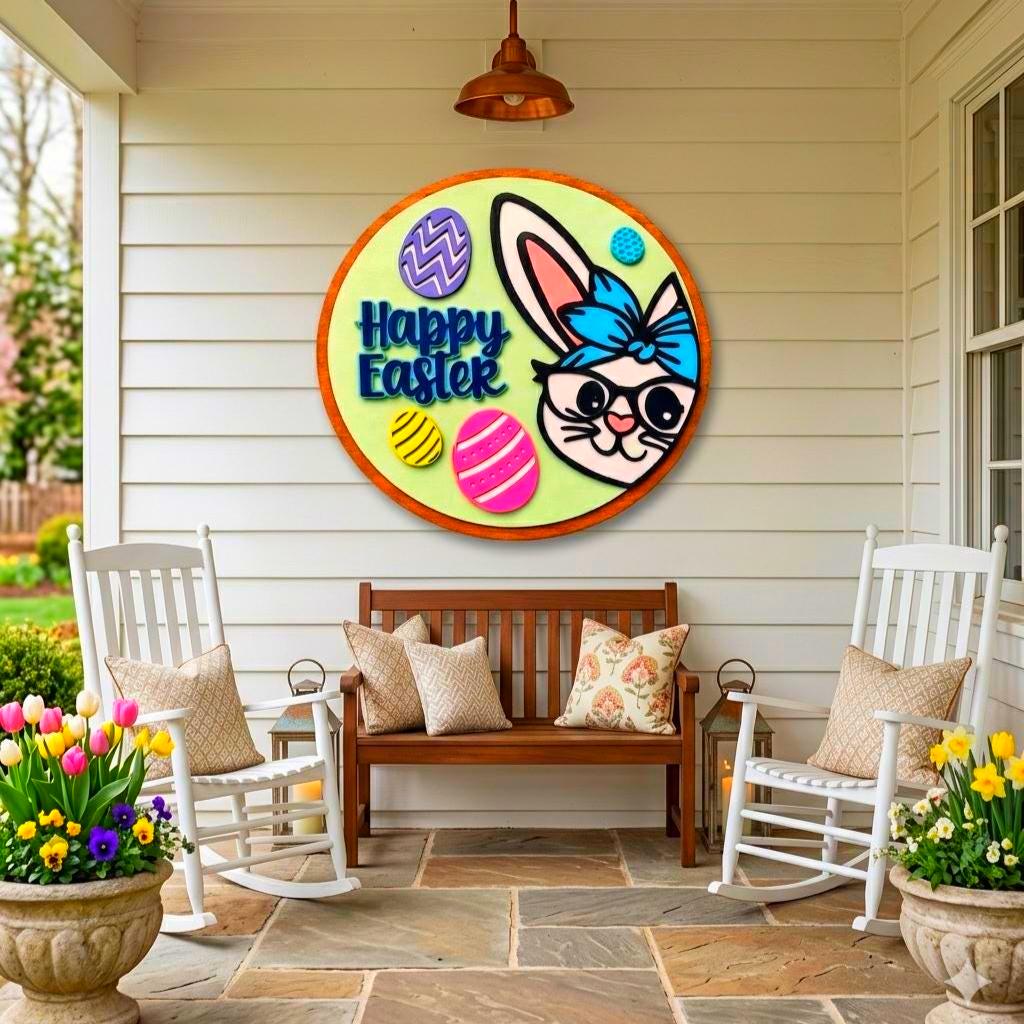 Happy Easter Wooden Sign | Bunny Door Decor | Spring Porch Door Hanger | Handmade Wall Hanging Seasonal Door Hanger