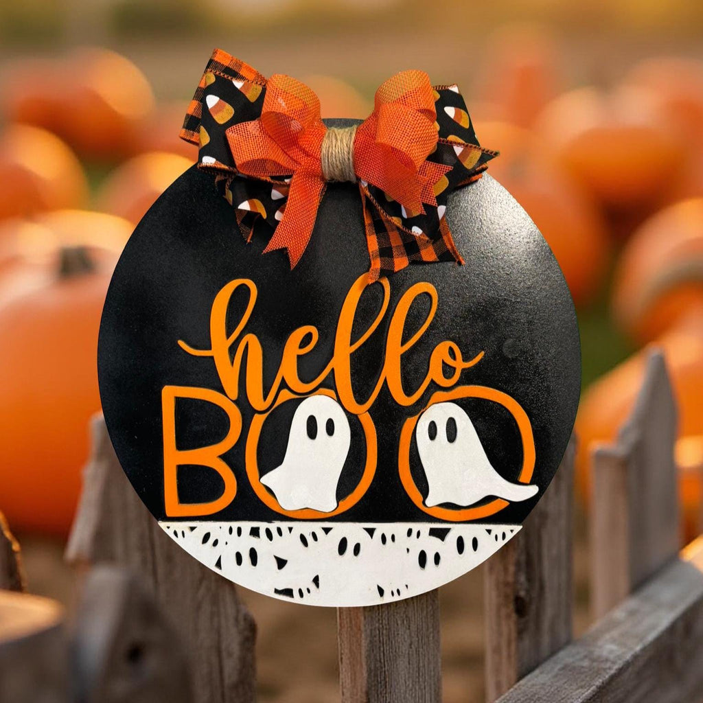 Ghost Halloween Sign: Layered Wood Door Hanger with Bow Seasonal Door Hanger