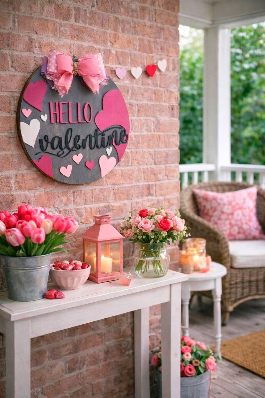Hello Valentine Wooden Door Hanger | Heart Decor | Layered Wood Round Sign with Bow Seasonal Door Hanger