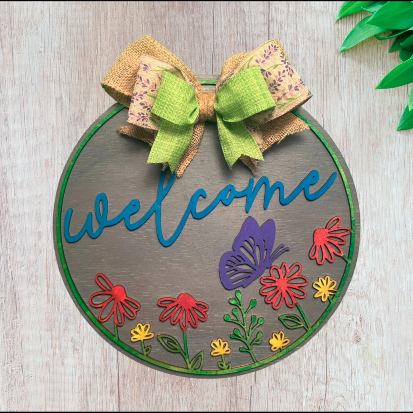 Handmade Wooden Welcome Sign | 12.25" Round Butterfly & Floral Door Hanger | Multi-Layer Porch Sign with Bow | Handmade Farmhouse Door Decor
