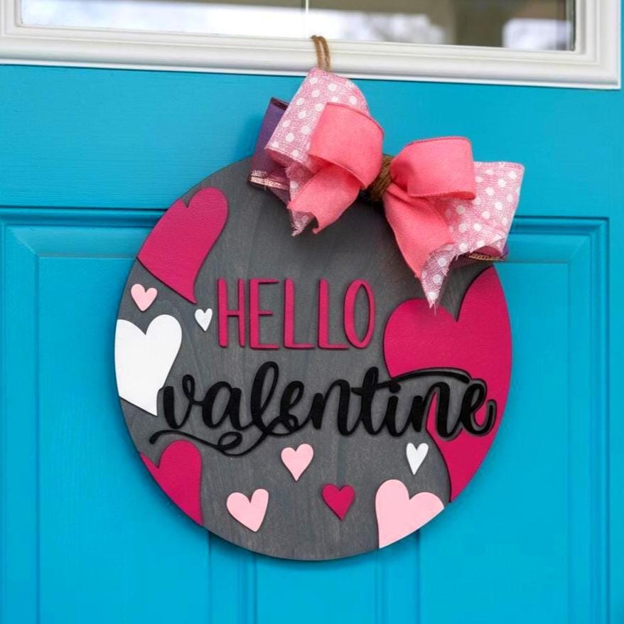 Hello Valentine Wooden Door Hanger | Heart Decor | Layered Wood Round Sign with Bow Seasonal Door Hanger