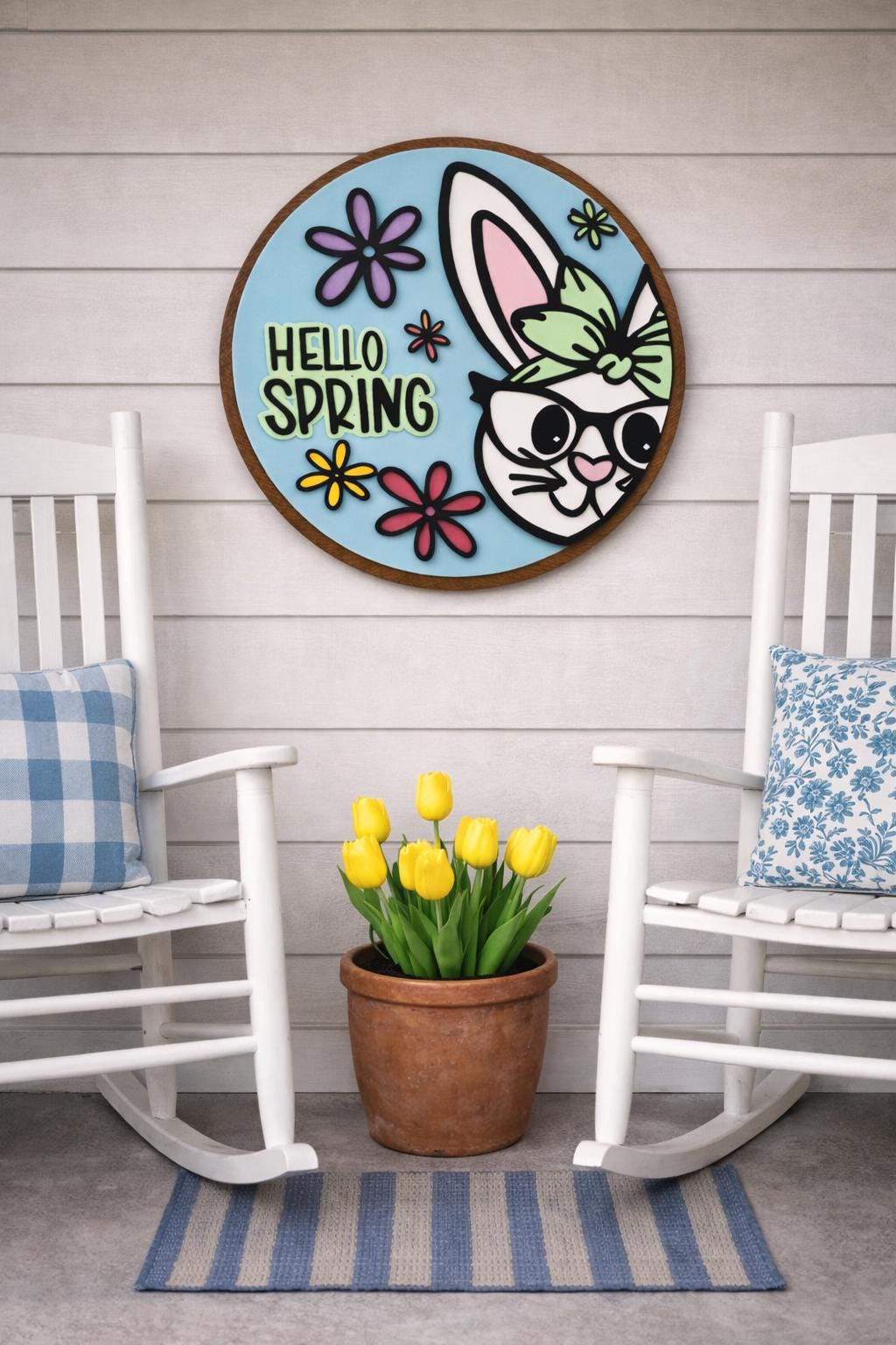 Hello Spring Bunny Sign | Layered Wooden Door Hanger for Spring
