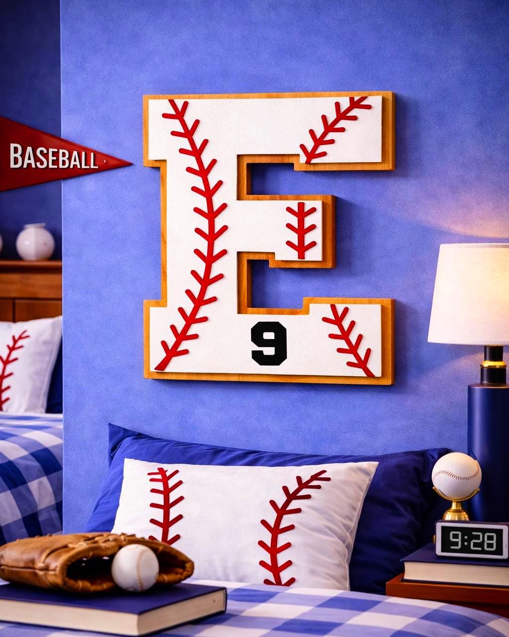 Personalized Baseball Letter Sign with Custom Number • Wooden Sports Wall Hanging • Baseball Room Decor