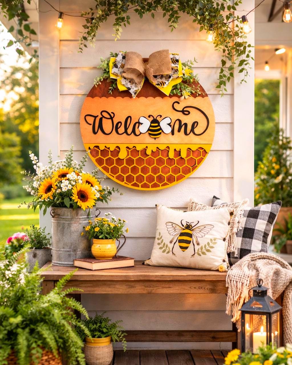 Welcome Honey Bee Wooden Door Sign, Bumble Bee Farmhouse Spring Summer Decor