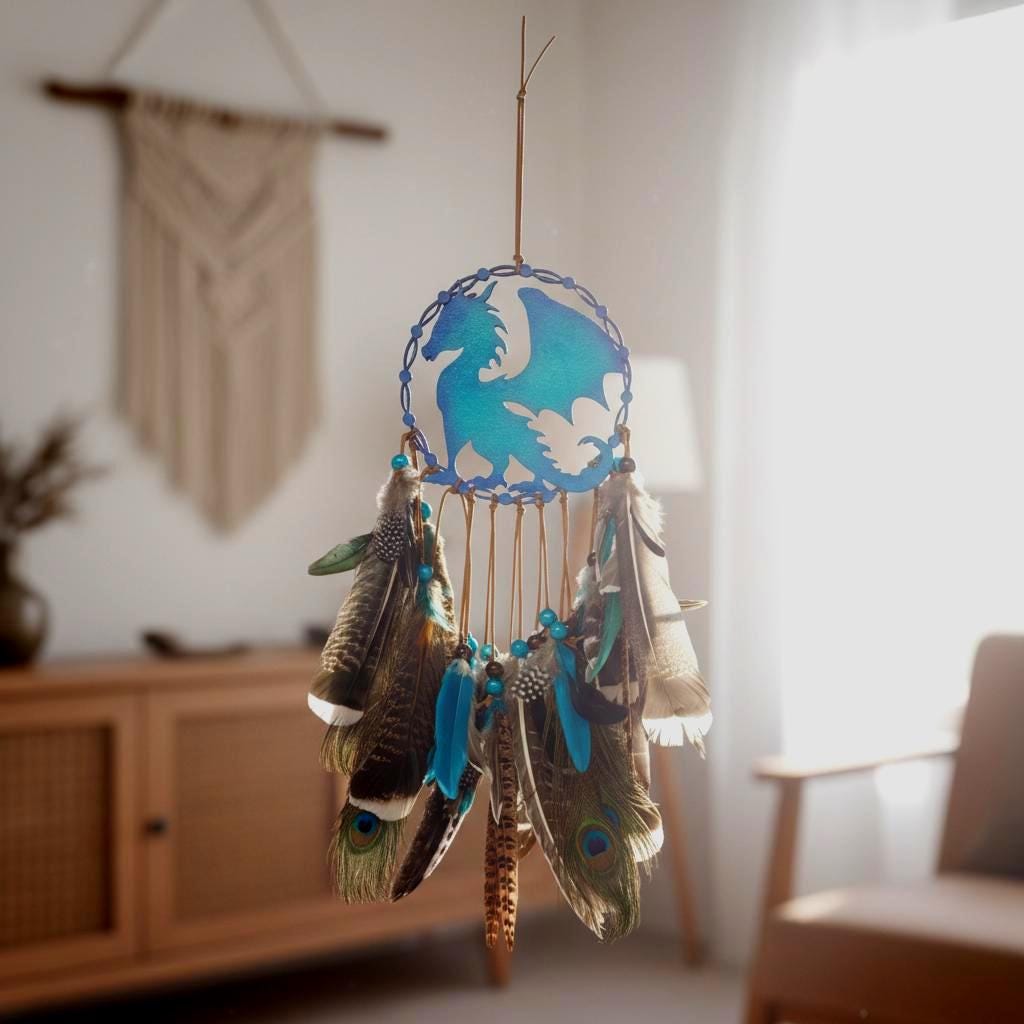 Dream Catcher Hanging with Feathers – Handmade Dragon Gift for Bedroom or Wall Handmade Wood Decor
