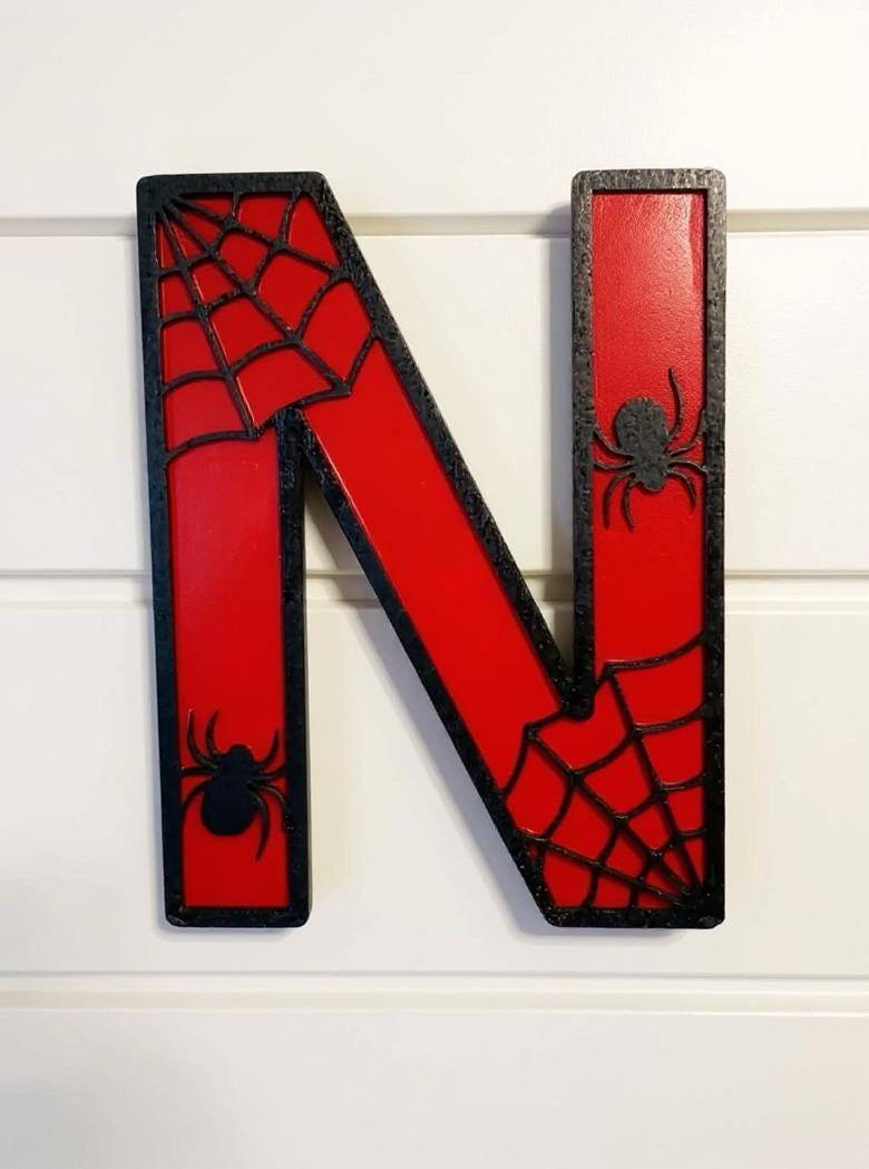 Personalized Spider Web Letter Sign | Handmade Superhero Wooden Wall Decor Handmade 3D Wood Sign