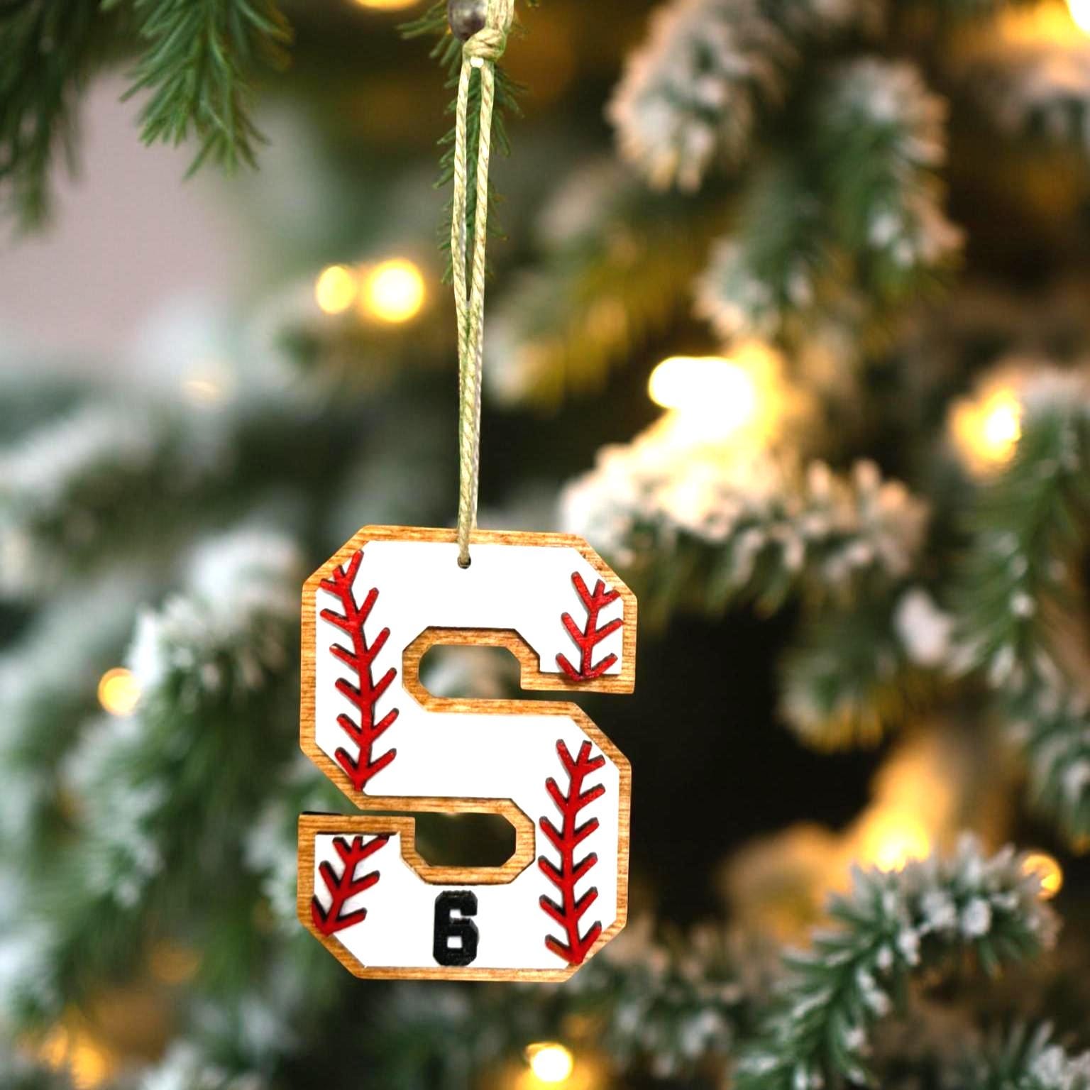 Personalized Baseball Ornament – Custom Letter & Jersey Number – 4” Multi-Layered Wood Sports Christmas Decoration – Player or Coach Gift Handmade Seasonal Decor
