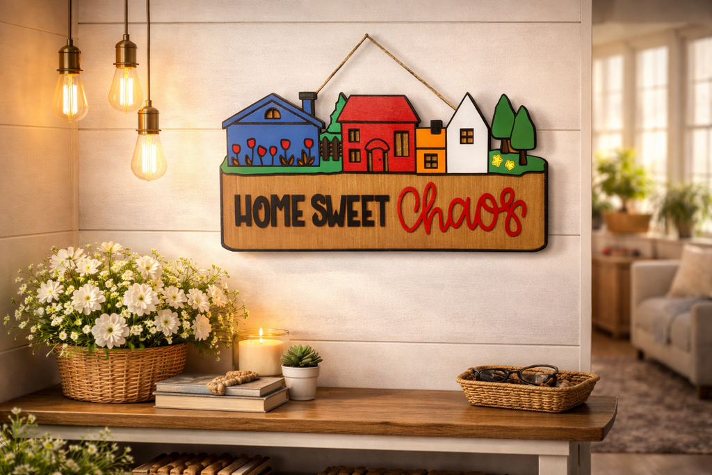 Home Sweet Chaos Sign • Handmade Layered Wood House Scene Decor • Colorful Family Home Gift Handmade 3D Wood Sign