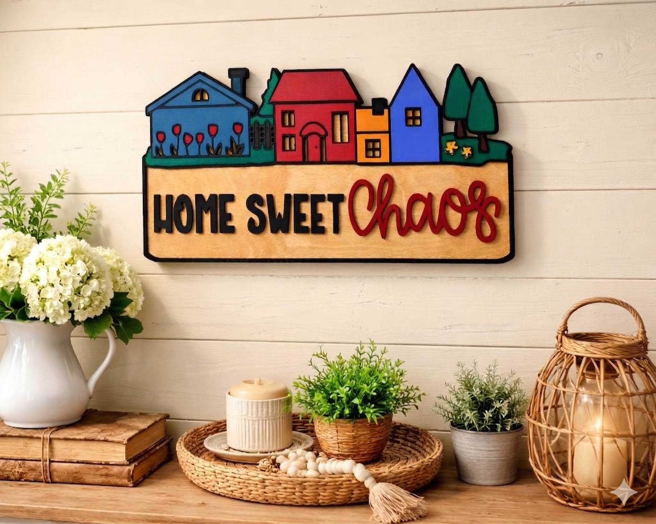 Home Sweet Chaos Sign • Handmade Layered Wood House Scene Decor • Colorful Family Home Gift Handmade 3D Wood Sign