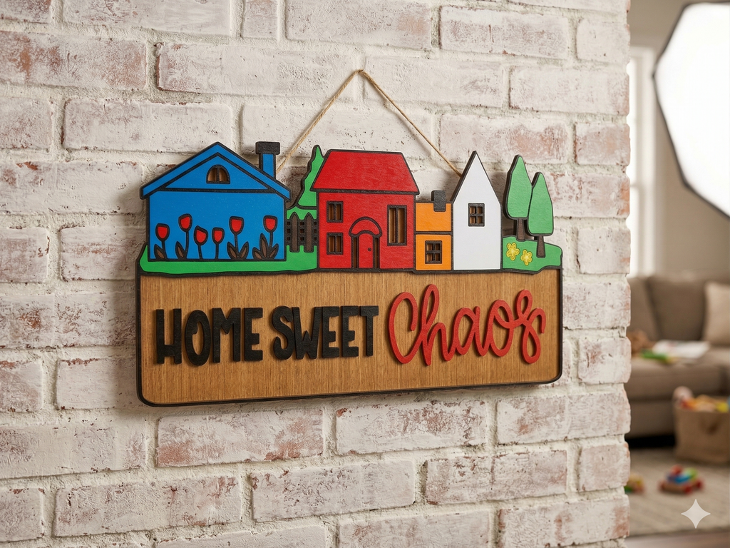Home Sweet Chaos Sign • Handmade Layered Wood House Scene Decor • Colorful Family Home Gift Handmade 3D Wood Sign