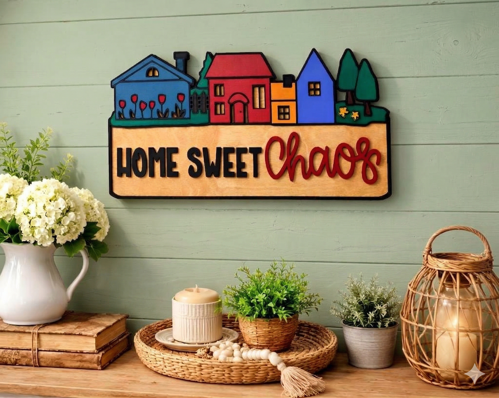 Home Sweet Chaos Sign • Handmade Layered Wood House Scene Decor • Colorful Family Home Gift Handmade 3D Wood Sign