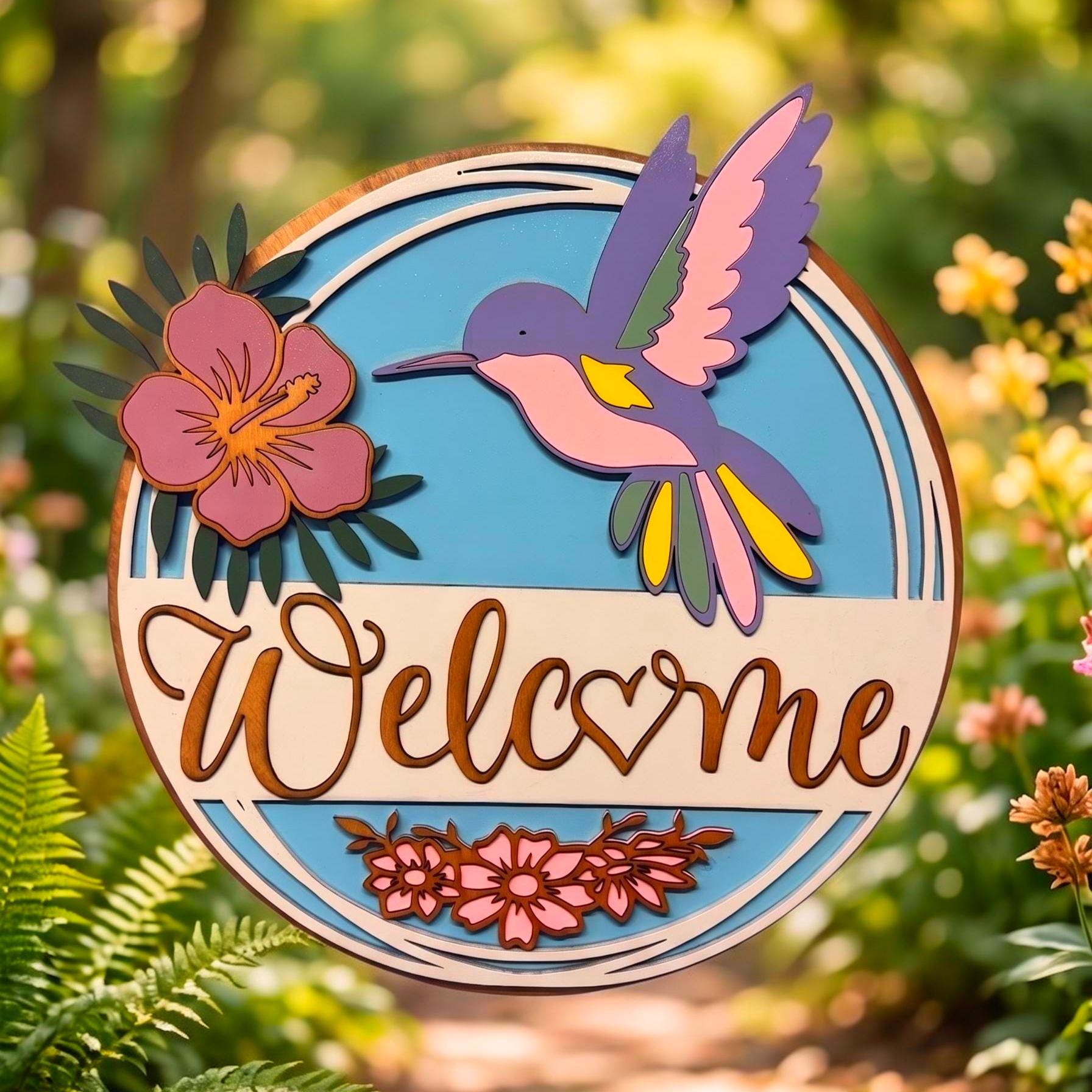 3D Hummingbird & Hibiscus Welcome Sign Handmade Wood Door Hanger