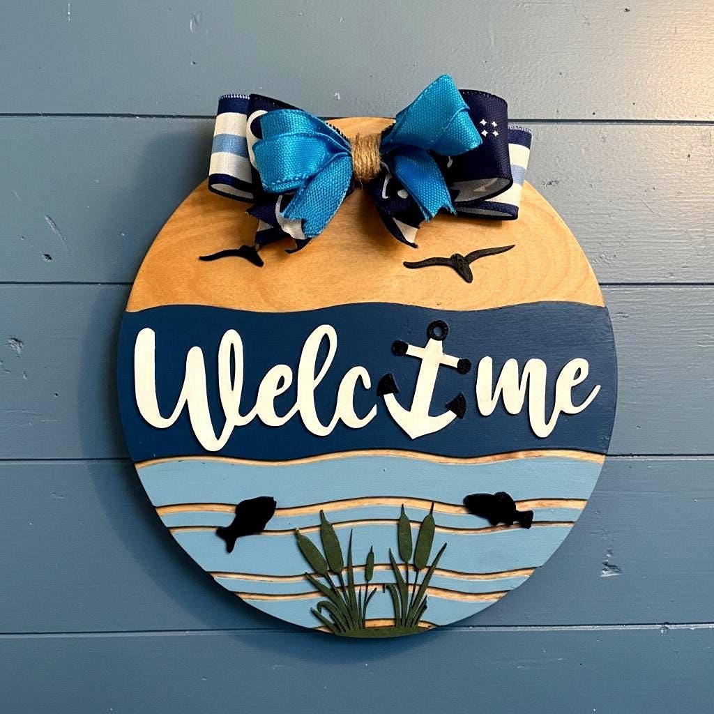Coastal Welcome Sign | Nautical Wooden Door Hanger | Beach Lake Ocean Waterfront House Decor