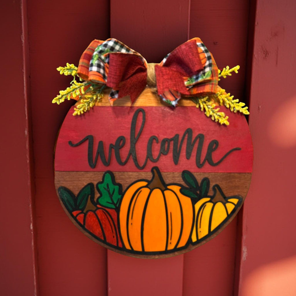 Fall Pumpkin Welcome Sign | Layered Wooden Door Hanger | Autumn Front Door Decor Seasonal Door Hanger