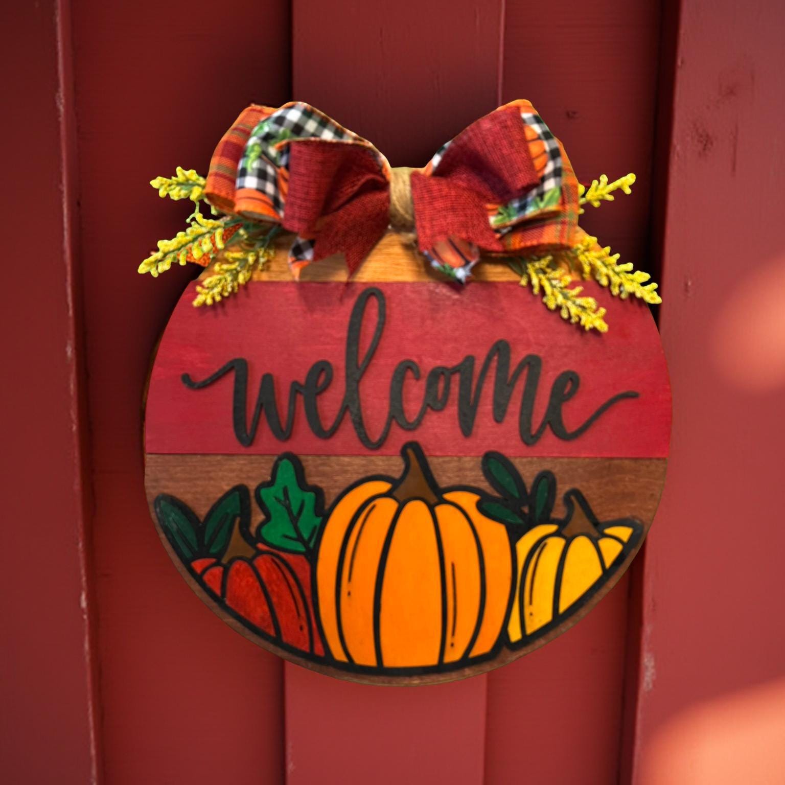 Fall Pumpkin Welcome Sign | Layered Wooden Door Hanger | Autumn Front Door Decor Seasonal Door Hanger