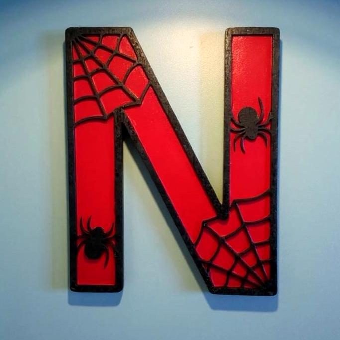 Personalized Spider Web Letter Sign | Handmade Superhero Wooden Wall Decor Handmade 3D Wood Sign