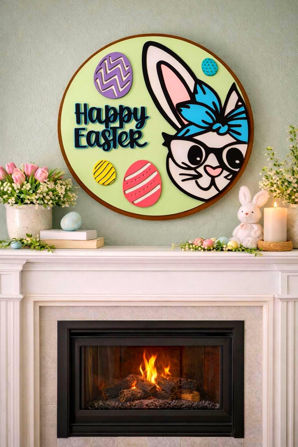 Happy Easter Wooden Sign | Bunny Door Decor | Spring Porch Door Hanger | Handmade Wall Hanging Seasonal Door Hanger