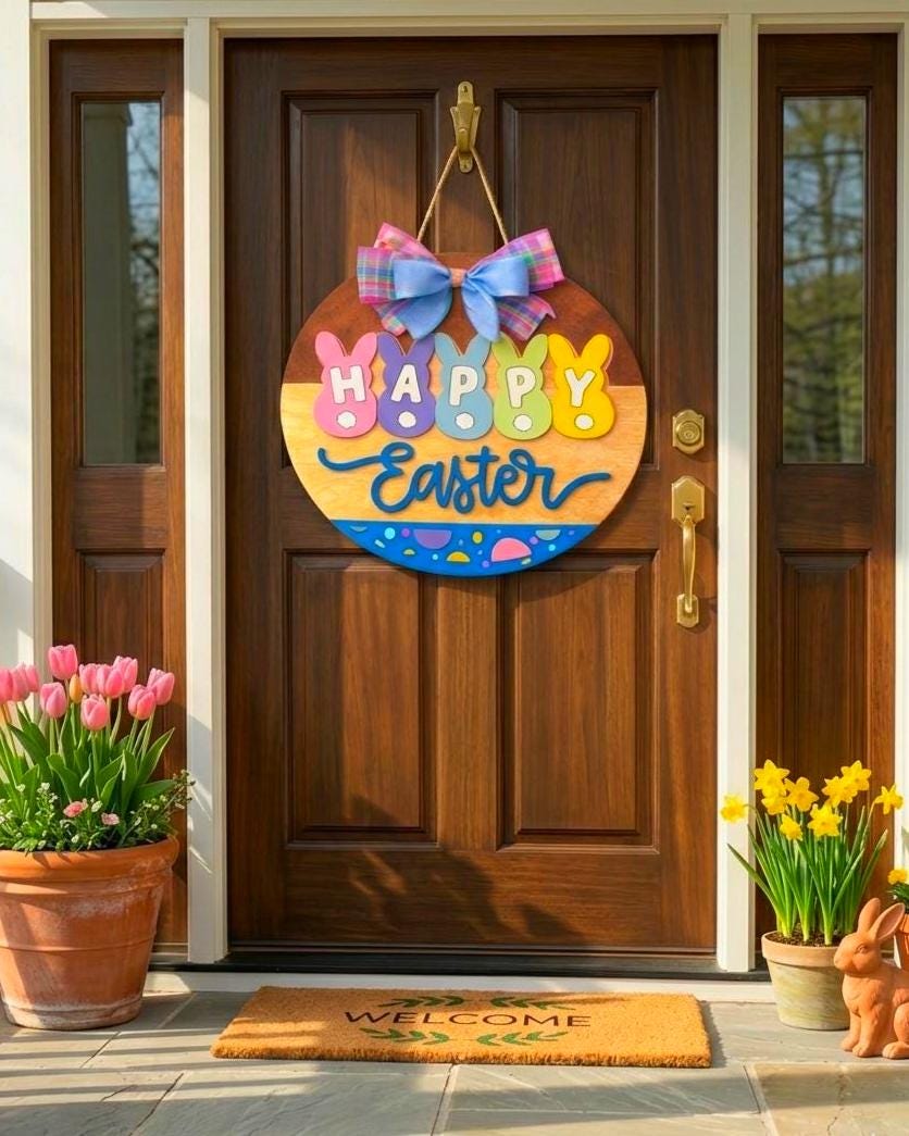 Happy Easter Wooden Sign | Farmhouse Spring Bunny Decor | Handmade Porch Door Hanger / Wall Hanging Seasonal Door Hanger