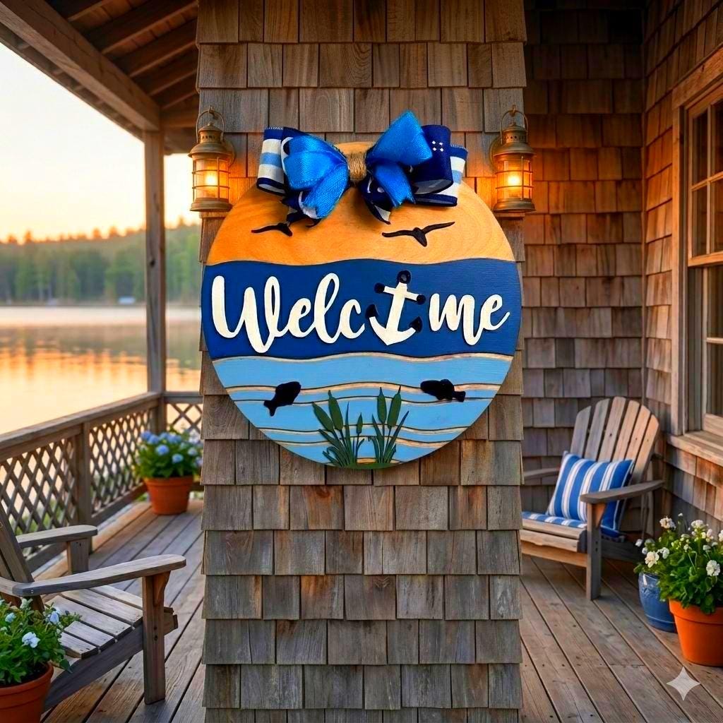 Coastal Welcome Sign | Nautical Wooden Door Hanger | Beach Lake Ocean Waterfront House Decor