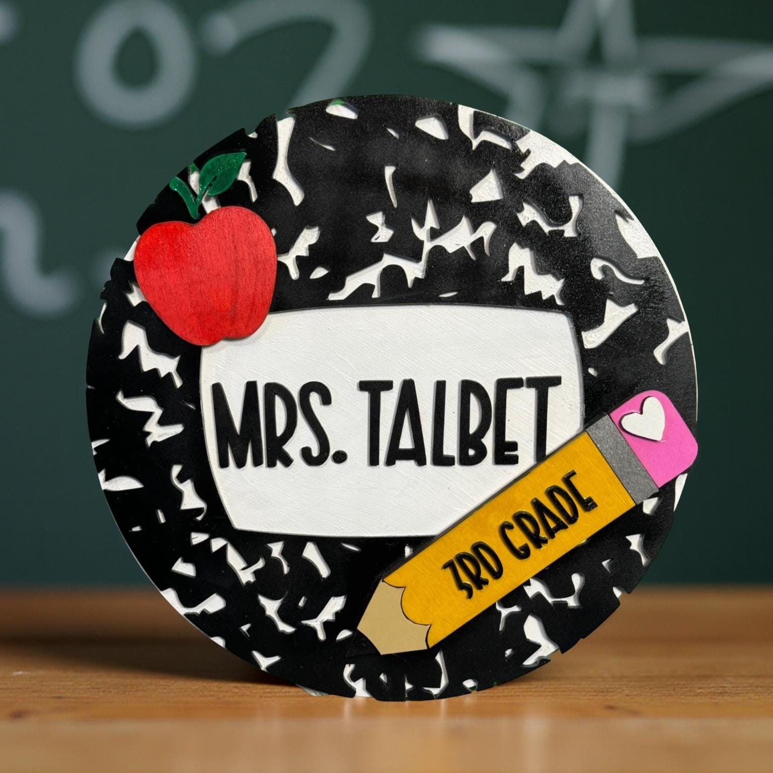 Personalized Teacher Wood Sign – Composition Notebook, Back-to-School Gift Handmade 3D Wood Sign