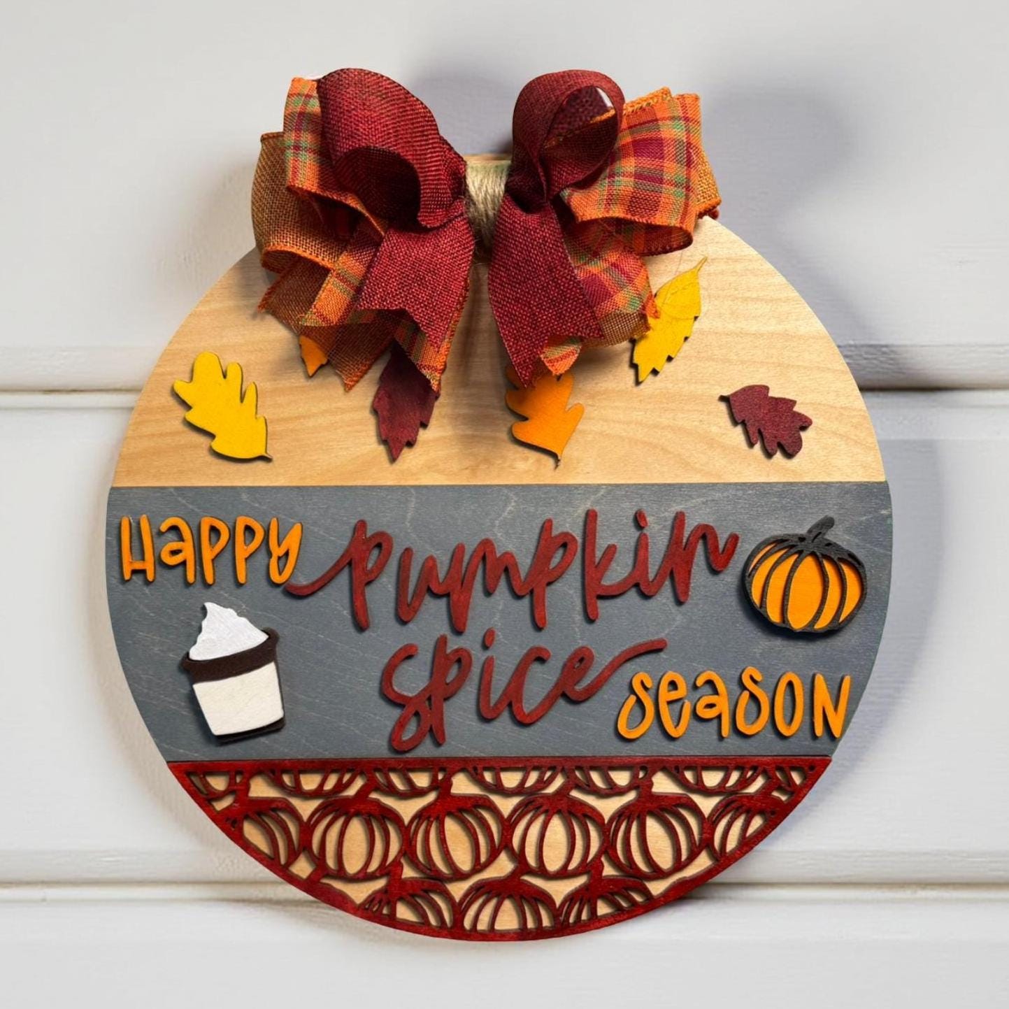 Pumpkin Spice Season Wood Sign: Fall Farmhouse Door Hanger with Plaid Bow Seasonal Door Hanger