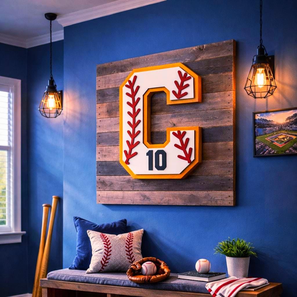 Personalized Baseball Letter Sign with Custom Number • Wooden Sports Wall Hanging • Baseball Room Decor