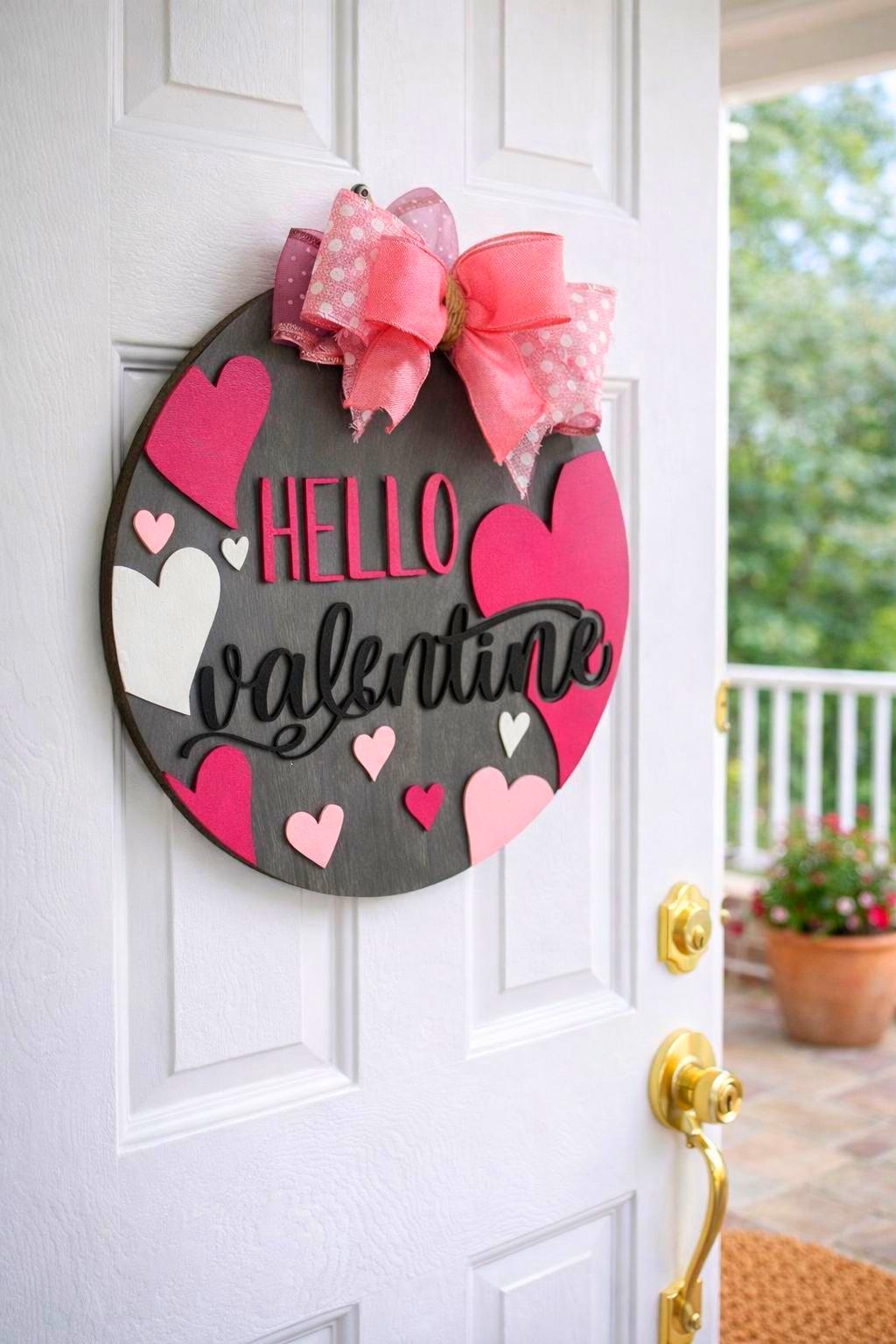 Hello Valentine Wooden Door Hanger | Heart Decor | Layered Wood Round Sign with Bow Seasonal Door Hanger