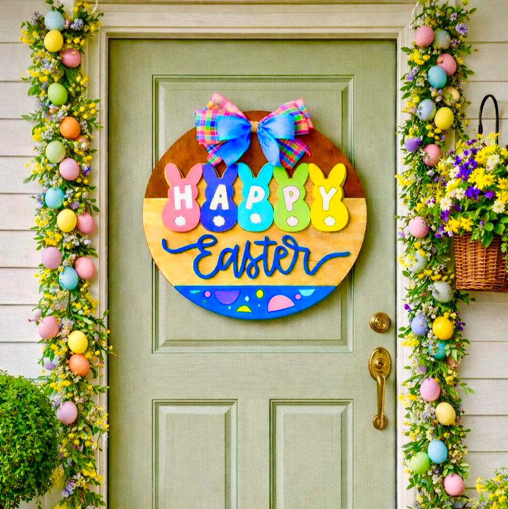 Happy Easter Wooden Sign | Farmhouse Spring Bunny Decor | Handmade Porch Door Hanger / Wall Hanging Seasonal Door Hanger