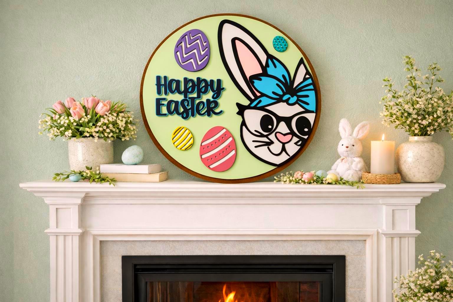 Happy Easter Wooden Sign | Bunny Door Decor | Spring Porch Door Hanger | Handmade Wall Hanging Seasonal Door Hanger
