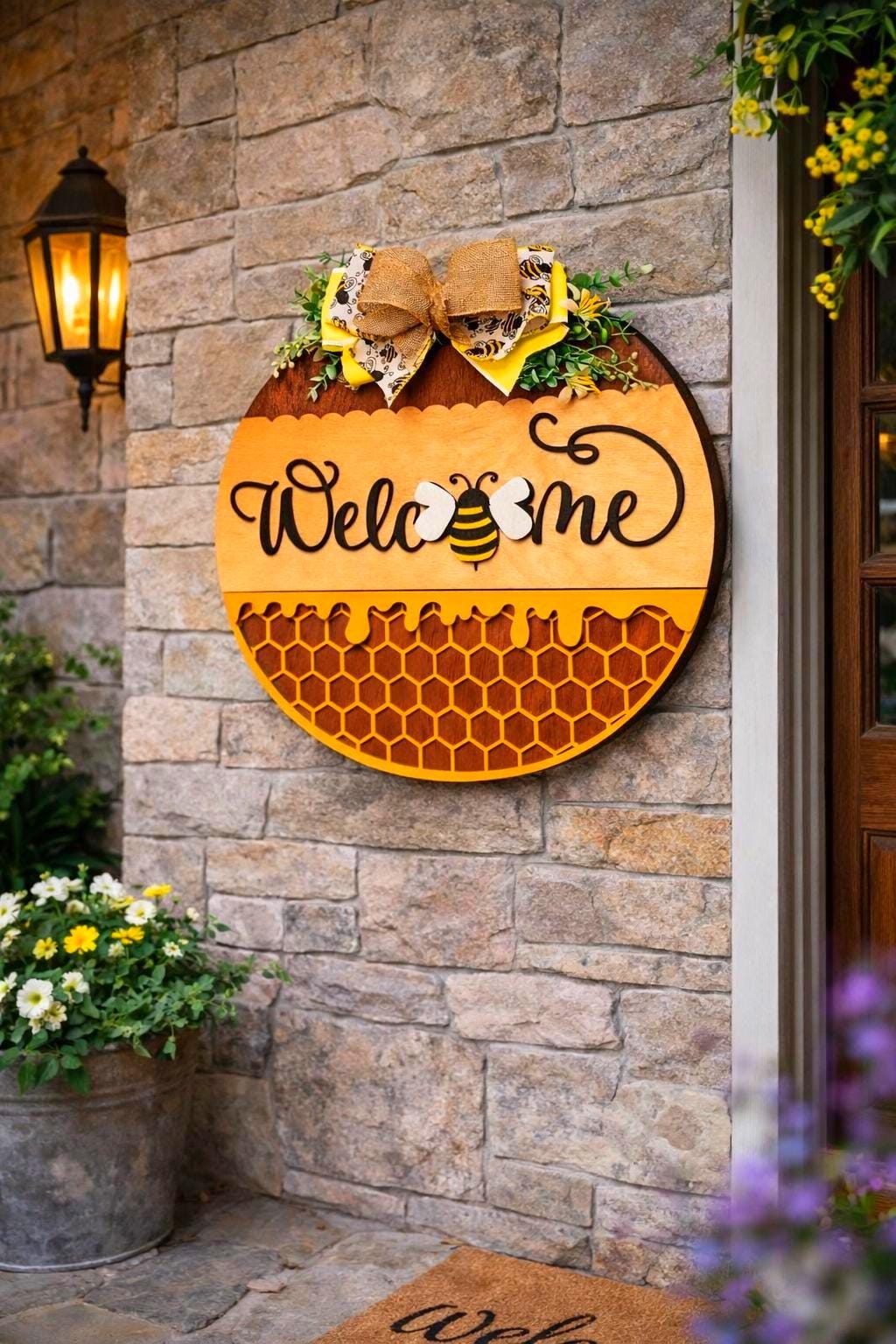 Welcome Honey Bee Wooden Door Sign, Bumble Bee Farmhouse Spring Summer Decor