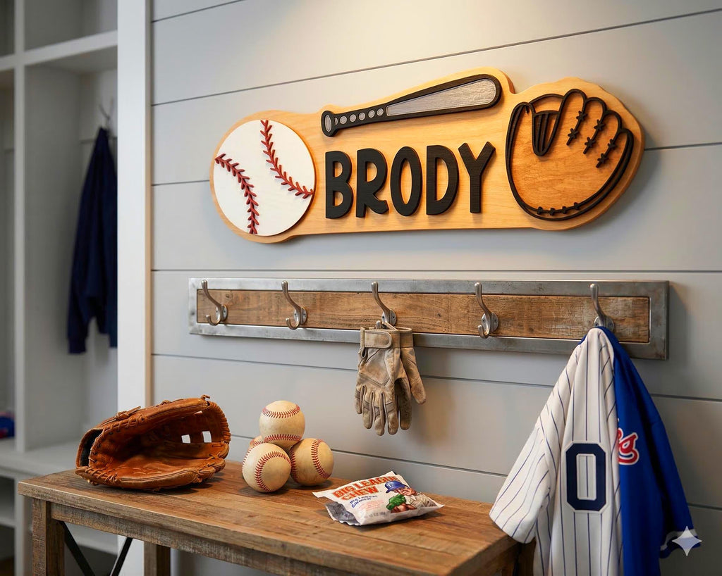 Personalized Baseball Name Sign – Custom Bat, Ball & Glove Cutouts – Layered Wood Sports Decor Custom Baseball Decor