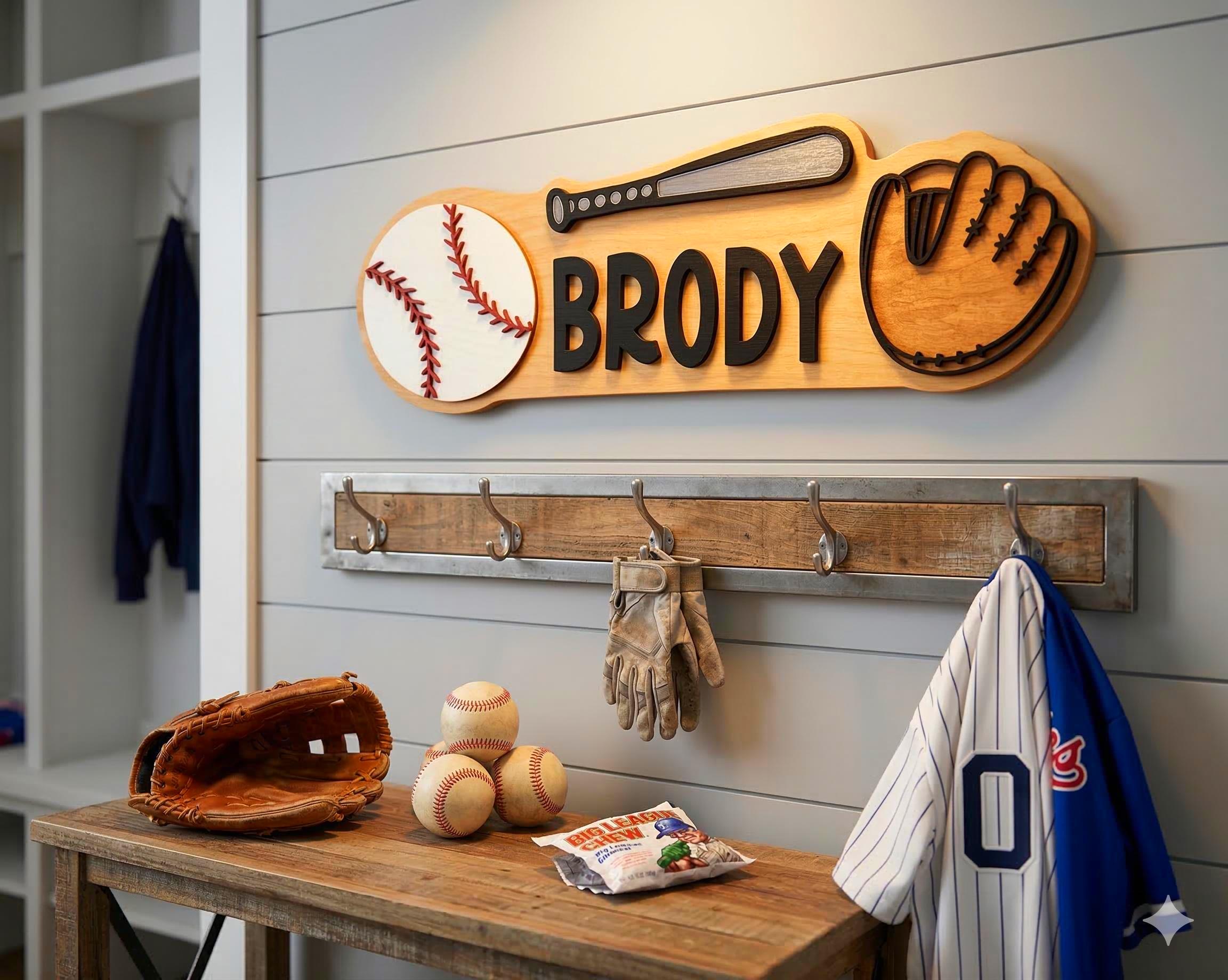 Personalized Baseball Name Sign – Custom Bat, Ball & Glove Cutouts – Layered Wood Sports Decor Custom Baseball Decor