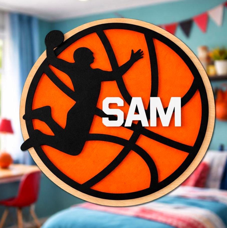 Personalized Basketball Name Sign – Custom Layered Wood Wall Decor – Sports Room Gift – Multiple Sizes Handmade 3D Wood Sign