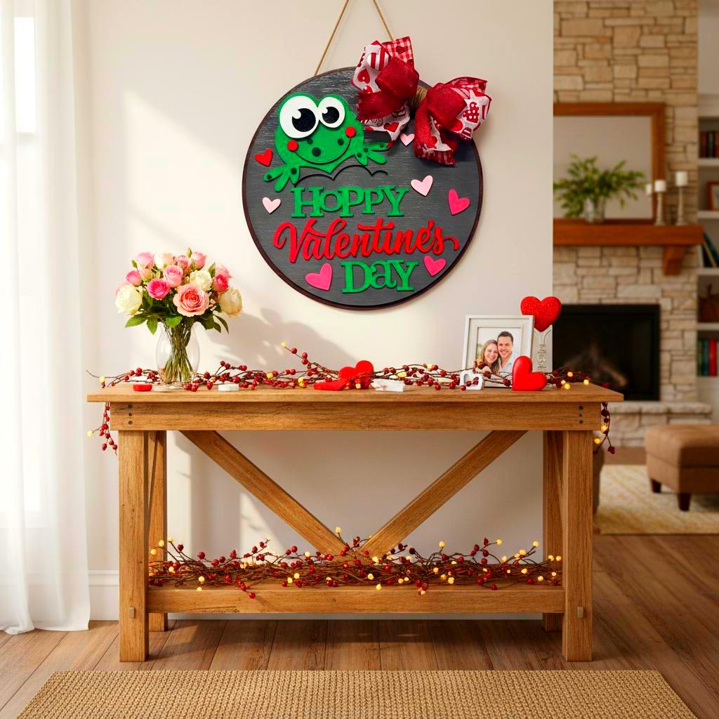 Hoppy Valentine’s Day Wooden Sign | Valentine Door Hanger | Frog Decor | Handmade Holiday Sign Handmade Wood Door Hanger