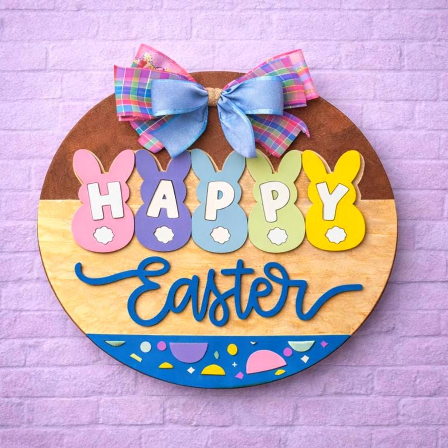 Happy Easter Wooden Sign | Farmhouse Spring Bunny Decor | Handmade Porch Door Hanger / Wall Hanging Seasonal Door Hanger