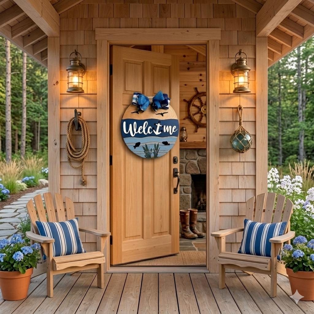 Coastal Welcome Sign | Nautical Wooden Door Hanger | Beach Lake Ocean Waterfront House Decor