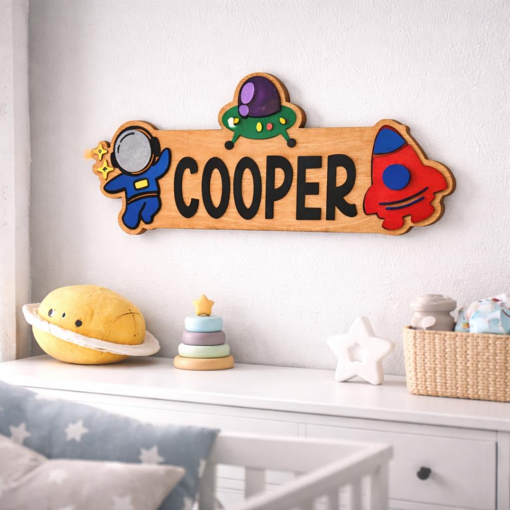 Space Themed Name Sign – Personalized Astronaut & Rocket Wall Decor – Layered Wood Kids Room Gift