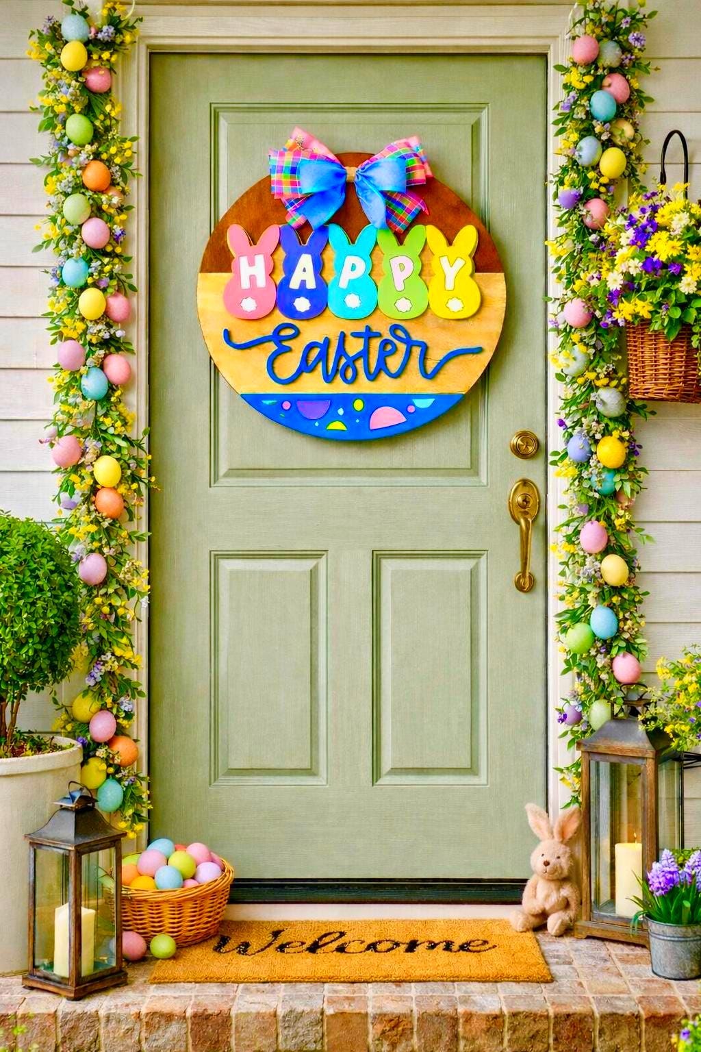 Happy Easter Wooden Sign | Farmhouse Spring Bunny Decor | Handmade Porch Door Hanger / Wall Hanging Seasonal Door Hanger