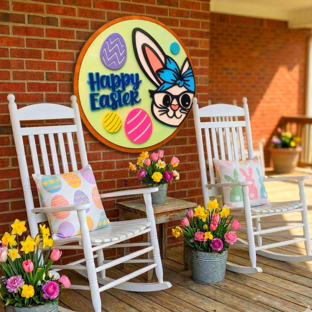 Happy Easter Wooden Sign | Bunny Door Decor | Spring Porch Door Hanger | Handmade Wall Hanging Seasonal Door Hanger
